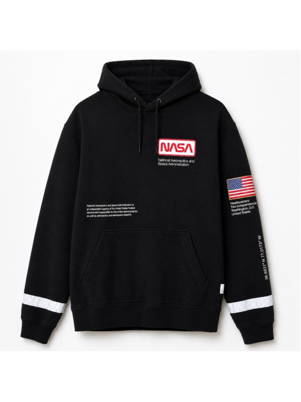 H&M NASA Hoodie Men’s M Black Reflective Badge USA Flag Sweatshirt Pullover